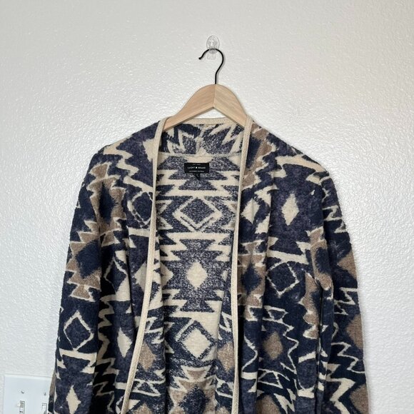 Lucky Brand Fringe Open Front Southwestern Cardigan Sweater Aztec Print boho L - Picture 3 of 11